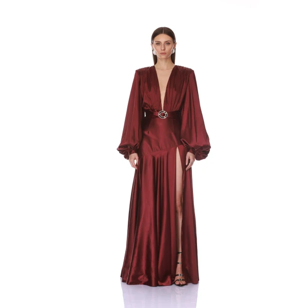 Long Sleeve V-Neck Burgundy Maxi Dress