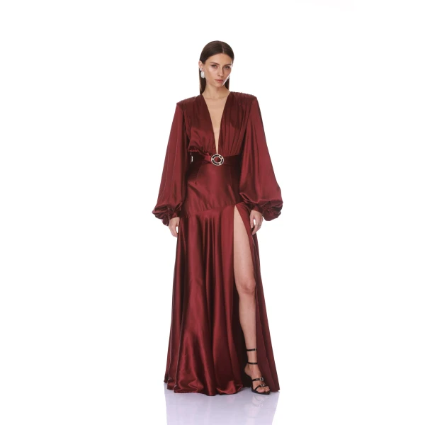 Bronx and Banco Long Sleeve V-Neck Burgundy Maxi Dress | Maxi Dresses | Luxury Shoes 