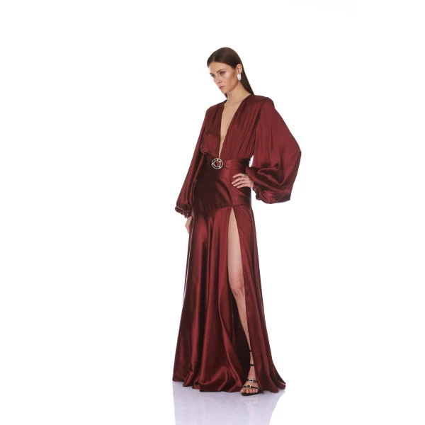 Bronx and Banco Long Sleeve V-Neck Burgundy Maxi Dress | Maxi Dresses | Luxury Shoes 