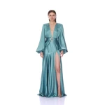 Bronx and Banco Long Sleeve V-Neck Turquoise Gown | Evening Gowns | Luxury Shoes 