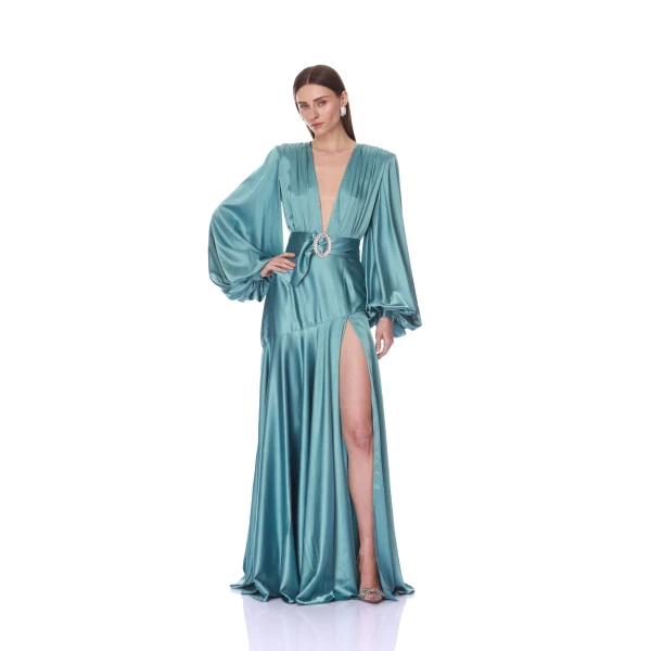 Bronx and Banco Long Sleeve V-Neck Turquoise Gown | Evening Gowns | Luxury Shoes 