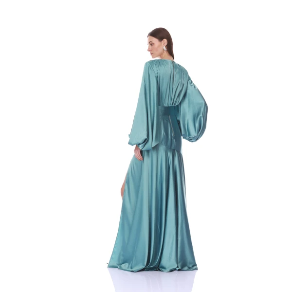 Bronx and Banco Long Sleeve V-Neck Turquoise Gown | Evening Gowns | Luxury Shoes 
