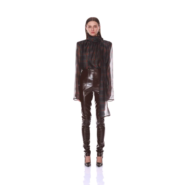 Bronx and Banco Plaid Long Sleeve Organza Blouse with Tie | Blouse | Luxury Shoes 
