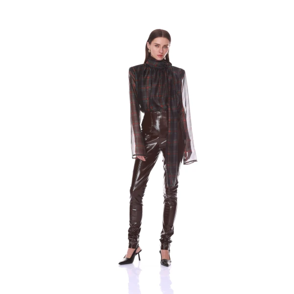 Bronx and Banco Plaid Long Sleeve Organza Blouse with Tie | Blouse | Luxury Shoes 