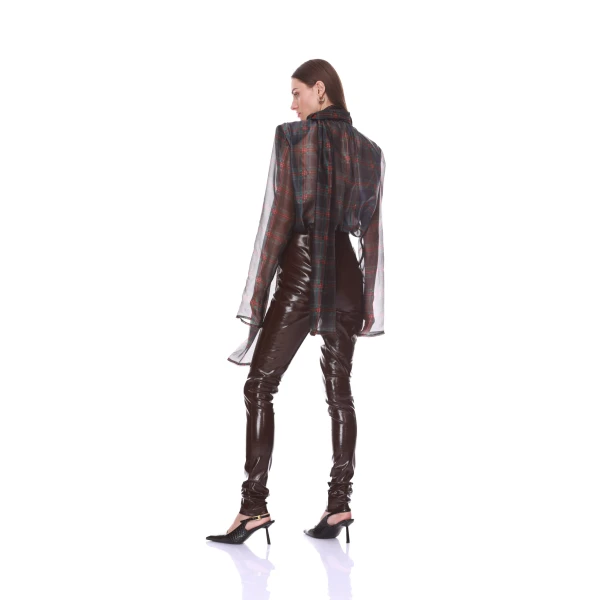 Bronx and Banco Plaid Long Sleeve Organza Blouse with Tie | Blouse | Luxury Shoes 