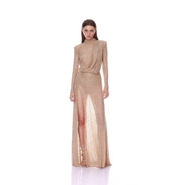 Bronx and Banco Samantha Long Sleeve Mockneck Embellished Gown | Evening Gowns | Luxury Shoes 