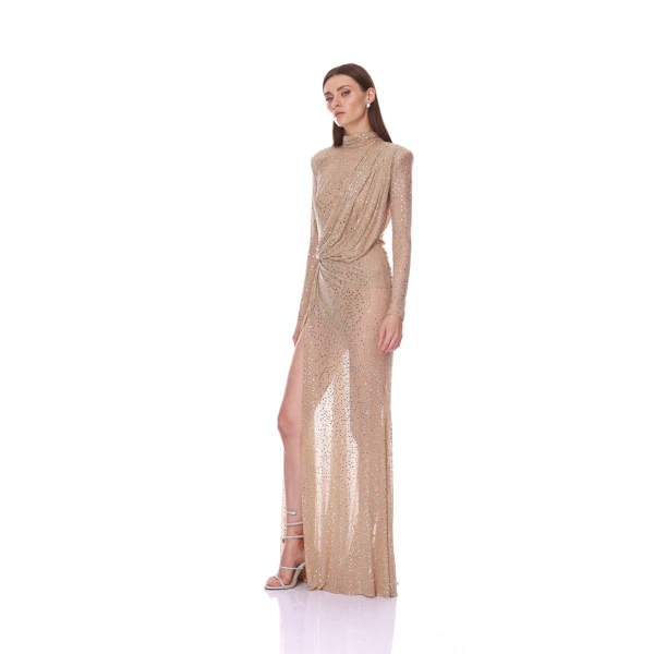 Bronx and Banco Samantha Long Sleeve Mockneck Embellished Gown | Evening Gowns | Luxury Shoes 
