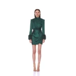 Bronx and Banco Silky Long Sleeve Mini Dress with Faux Fur Cuff | Mini Dresses | Luxury Shoes 