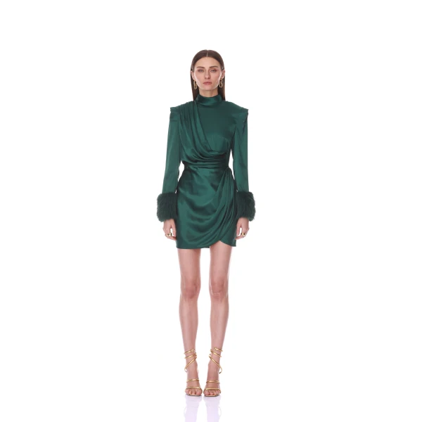 Bronx and Banco Silky Long Sleeve Mini Dress with Faux Fur Cuff | Mini Dresses | Luxury Shoes 