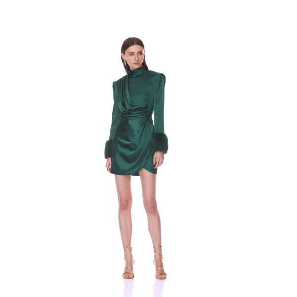 Bronx and Banco Silky Long Sleeve Mini Dress with Faux Fur Cuff | Mini Dresses | Luxury Shoes 