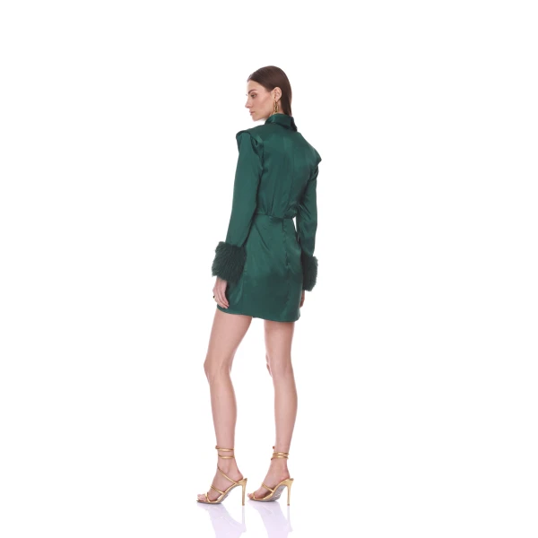 Bronx and Banco Silky Long Sleeve Mini Dress with Faux Fur Cuff | Mini Dresses | Luxury Shoes 
