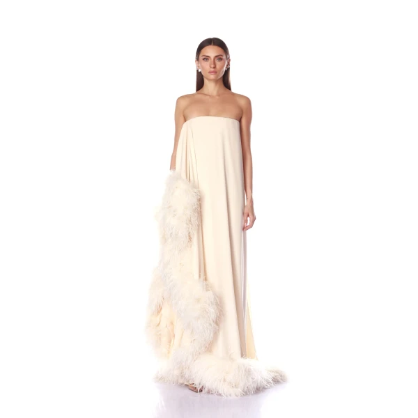 Bronx and Banco Strapless Chiffon Gown with Feather Trim | Evening Gowns | Luxury Shoes 