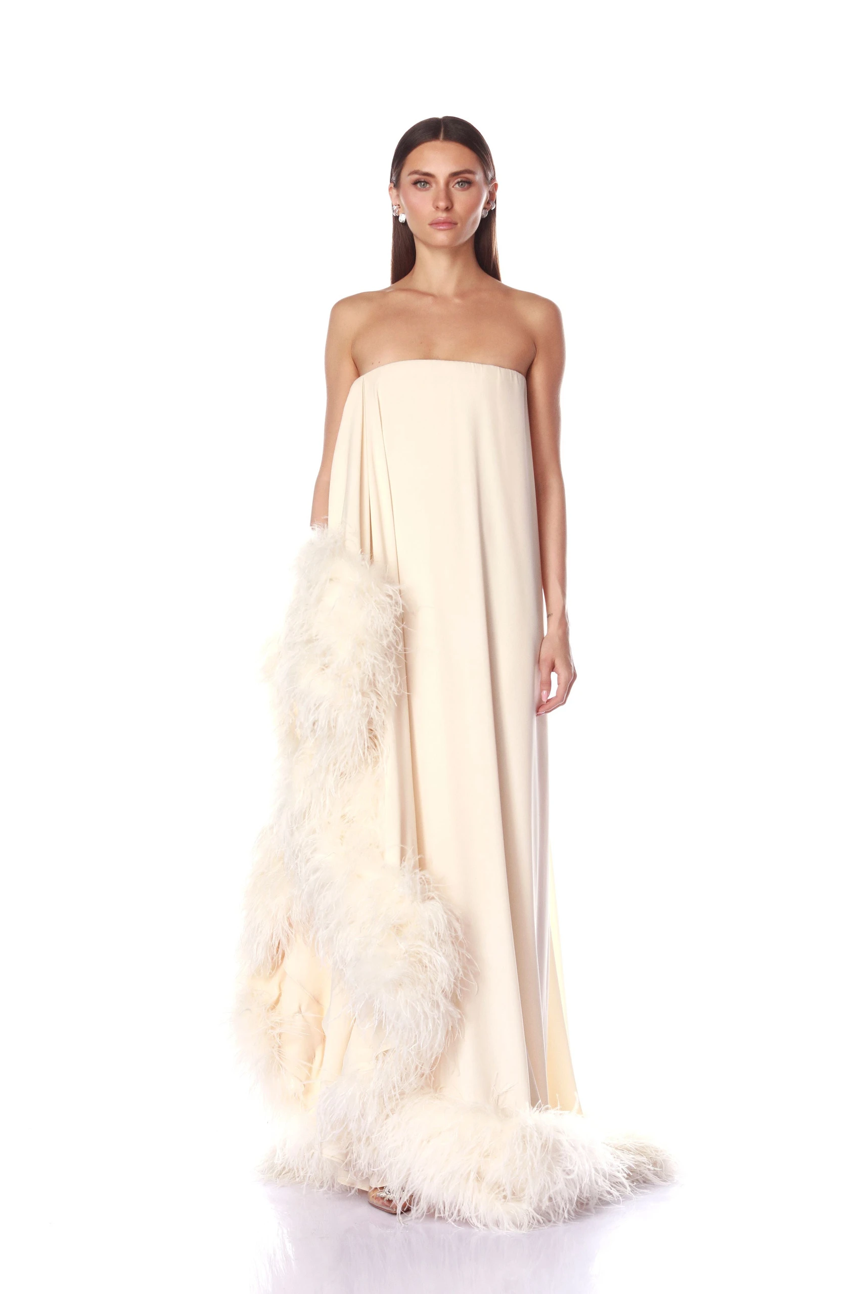 Bronx and Banco Strapless Chiffon Gown with Feather Trim 1 Bronx and Banco Strapless Chiffon Gown with Feather Trim | Evening Gowns | Luxury Shoes
