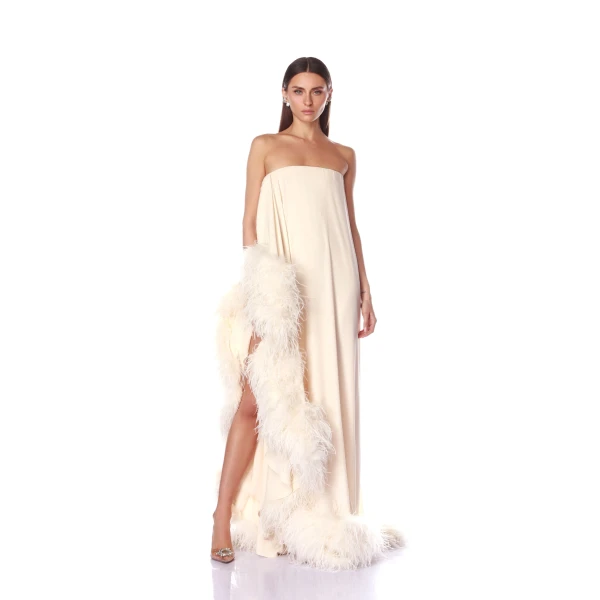 Bronx and Banco Strapless Chiffon Gown with Feather Trim | Evening Gowns | Luxury Shoes 
