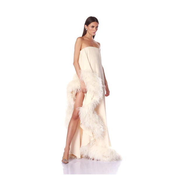 Bronx and Banco Strapless Chiffon Gown with Feather Trim | Evening Gowns | Luxury Shoes 