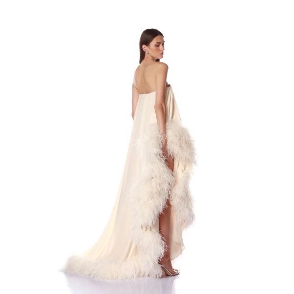 Bronx and Banco Strapless Chiffon Gown with Feather Trim | Evening Gowns | Luxury Shoes 