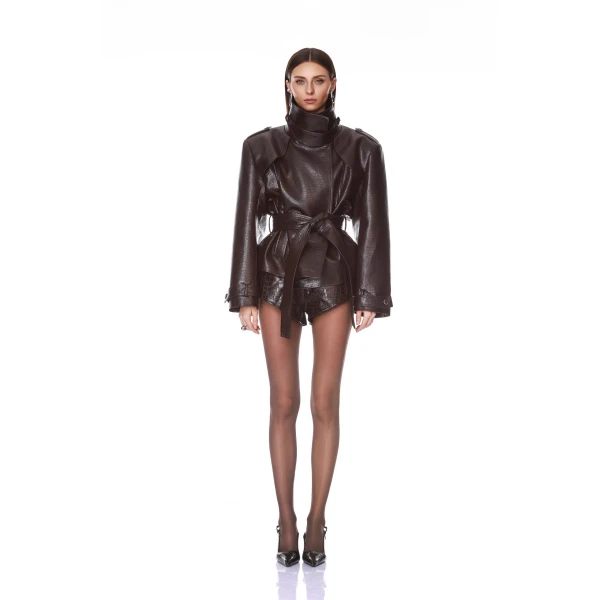 Vegan Croc Embossed Belted Dark Brown Jacket