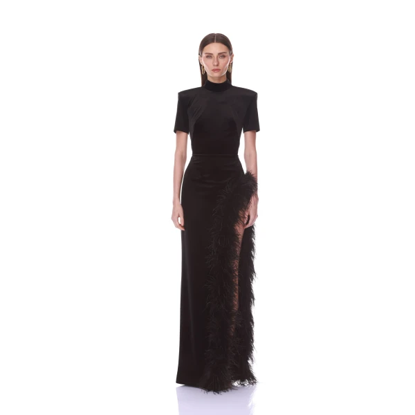 Velvet Maxi Dress with Feather Trim