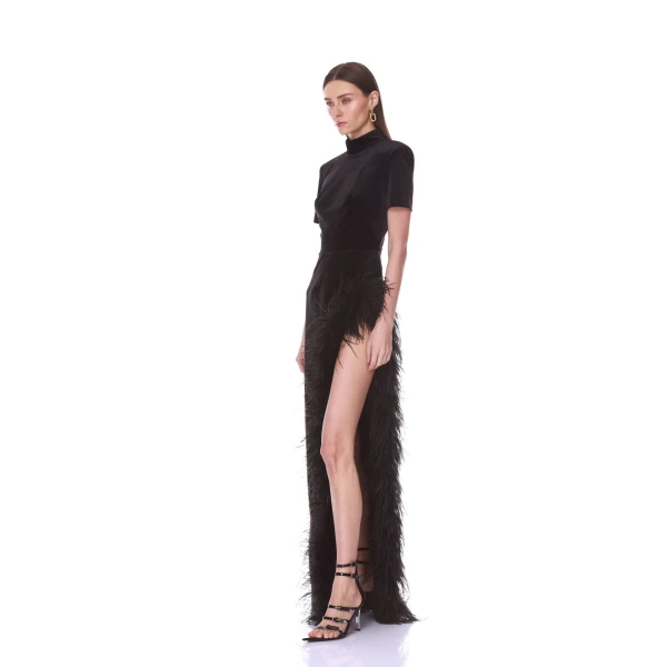 Bronx and Banco Velvet Maxi Dress with Feather Trim | Maxi Dresses | Luxury Shoes 
