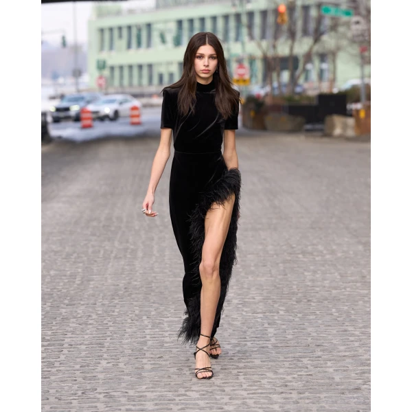 Bronx and Banco Velvet Maxi Dress with Feather Trim | Maxi Dresses | Luxury Shoes 