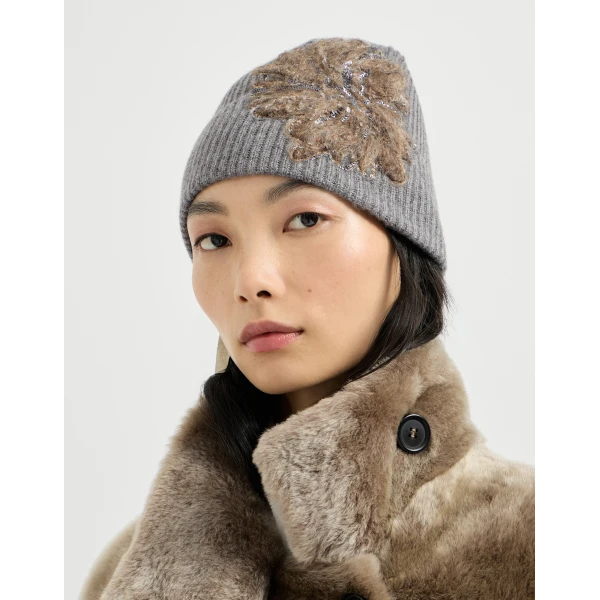 Brunello Cucinelli Beanie with whispering bloom embroidery in Dark Grey, view 3 | Hats | Luxury Shoes 