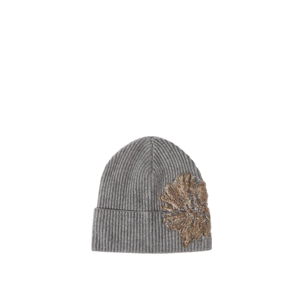 Brunello Cucinelli Beanie with whispering bloom embroidery in Dark Grey | Hats | Luxury Shoes 