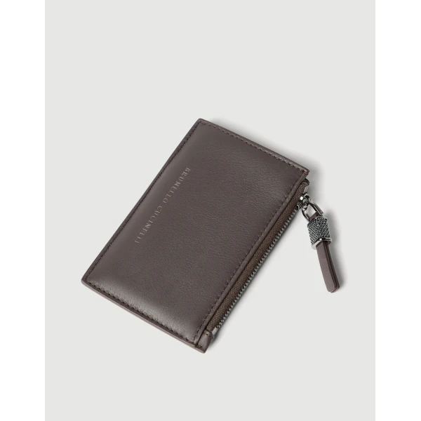 Brunello Cucinelli Calfskin card case with monili in Rust Brown, view 3 | Wallets & Purses | Luxury Shoes 