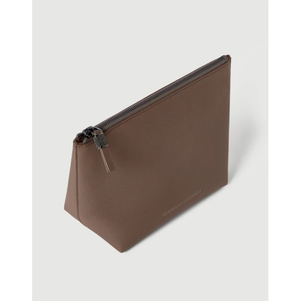 Brunello Cucinelli Calfskin pouch with monili in Brown Gianduia, view 3 | Wallets & Purses | Luxury Shoes 