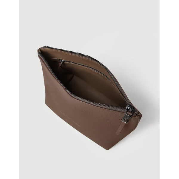 Brunello Cucinelli Calfskin pouch with monili in Brown Gianduia, view 4 | Wallets & Purses | Luxury Shoes 