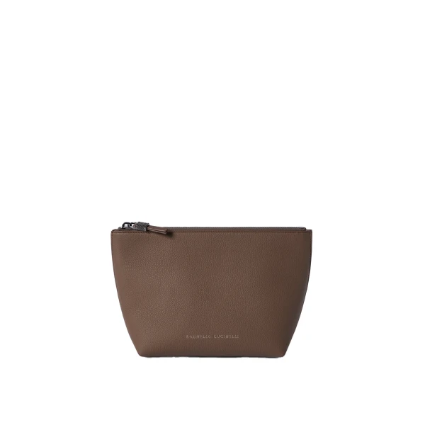 Brunello Cucinelli Calfskin pouch with monili in Brown Gianduia | Wallets & Purses | Luxury Shoes 