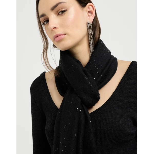 Brunello Cucinelli Cashmere and silk Diamond yarn scarf in Black, view 4 | Scarves | Luxury Shoes 