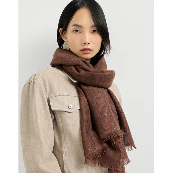 Brunello Cucinelli Cashmere and silk Diamond yarn scarf in Brown, view 4 | Scarves | Luxury Shoes 