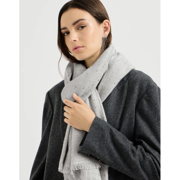 Brunello Cucinelli Cashmere and silk Diamond yarn scarf in Light Grey, view 4 | Scarves | Luxury Shoes 