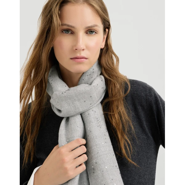 Brunello Cucinelli Cashmere and silk Diamond yarn scarf in Light Grey, view 4 | Scarves | Luxury Shoes 