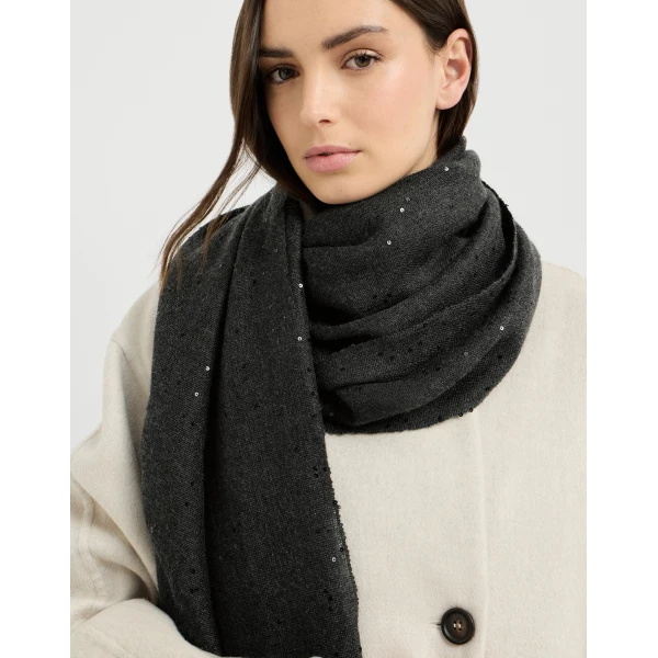 Brunello Cucinelli Cashmere and silk Diamond yarn scarf in Lignite Grey, view 4 | Scarves | Luxury Shoes 