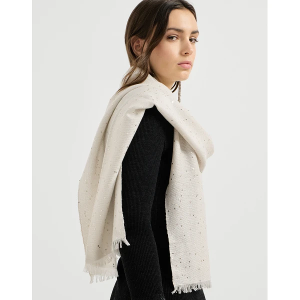 Brunello Cucinelli Cashmere and silk Diamond yarn scarf in Oyster, view 4 | Scarves | Luxury Shoes 