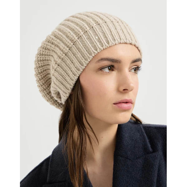 Brunello Cucinelli Cashmere and silk beanie in Beige, view 3 | Hats | Luxury Shoes 