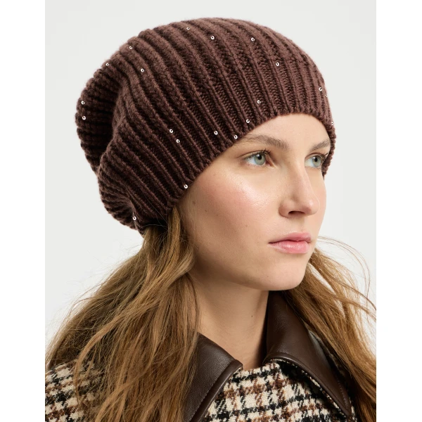 Brunello Cucinelli Cashmere and silk beanie in Brown, view 3 | Hats | Luxury Shoes 