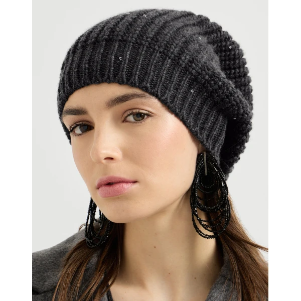 Brunello Cucinelli Cashmere and silk beanie in Lignite Grey, view 3 | Hats | Luxury Shoes 