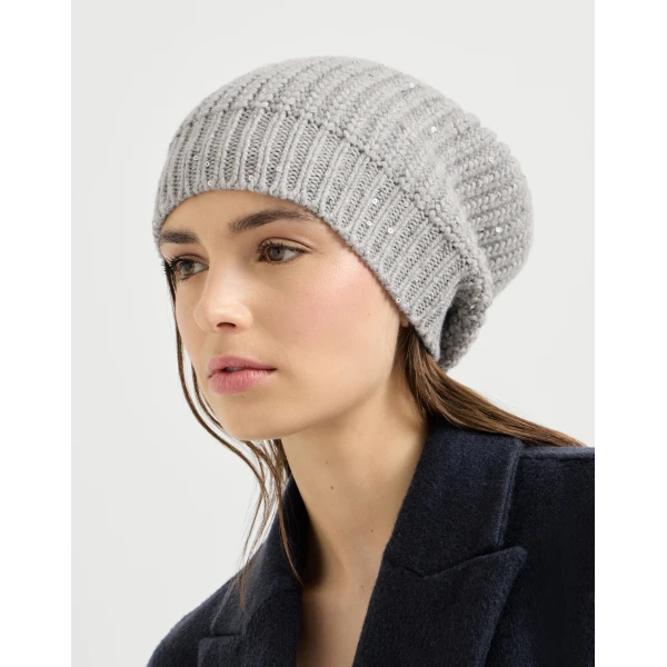 Brunello Cucinelli Cashmere and silk beanie in Pebble, view 3 | Hats | Luxury Shoes 