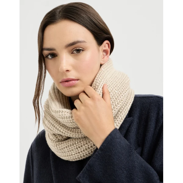 Brunello Cucinelli Cashmere and silk rib knit neck warmer in Beige, view 3 | Scarves | Luxury Shoes 