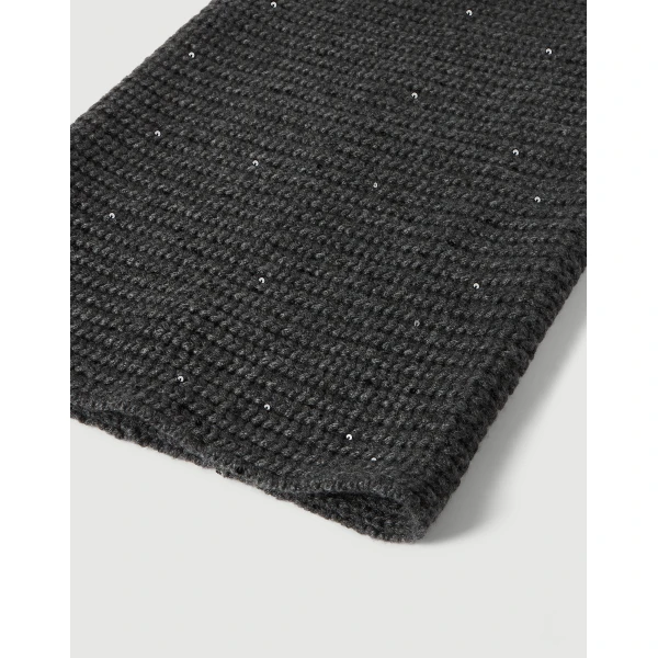 Brunello Cucinelli Cashmere and silk rib knit neck warmer in Lignite Grey, view 2 | Scarves | Luxury Shoes 