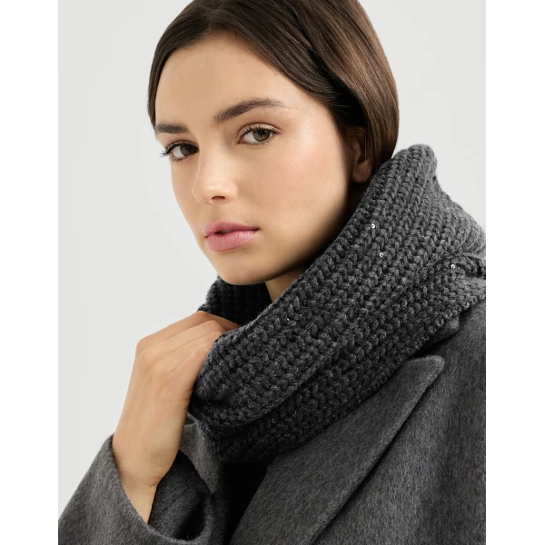 Brunello Cucinelli Cashmere and silk rib knit neck warmer in Lignite Grey, view 3 | Scarves | Luxury Shoes 
