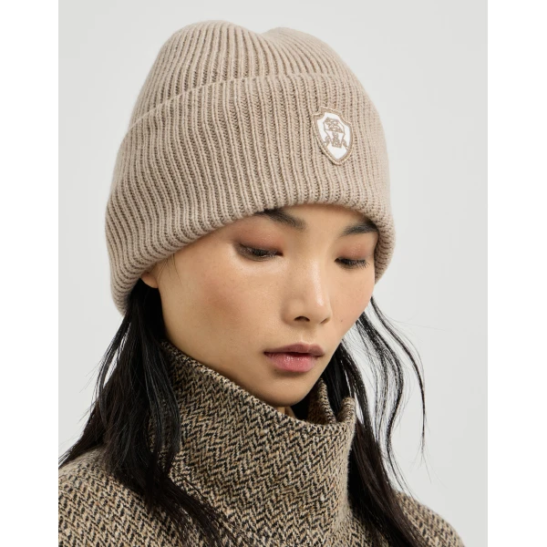 Brunello Cucinelli Cashmere beanie with logo in Sand, view 3 | Hats | Luxury Shoes 