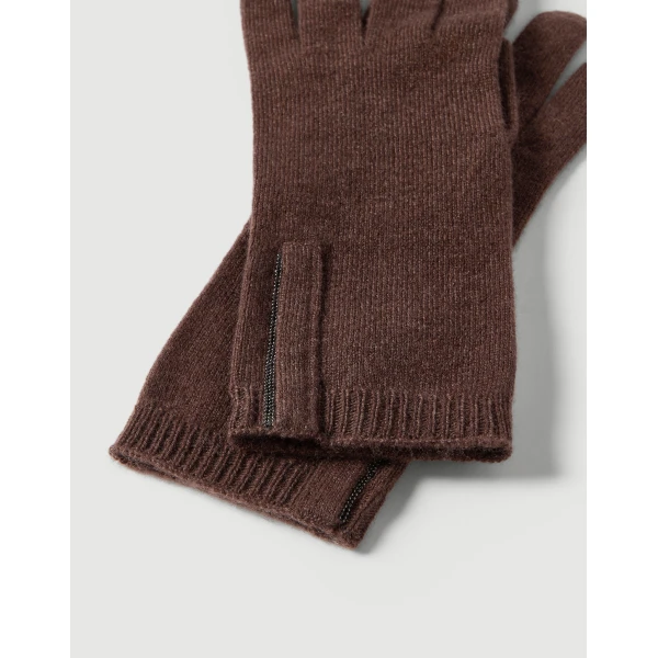 Brunello Cucinelli Cashmere knit gloves with monili in Brown, view 2 | Gloves | Luxury Shoes 