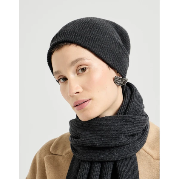 Brunello Cucinelli Cashmere rib knit beanie in Lignite Grey, view 3 | Hats | Luxury Shoes 