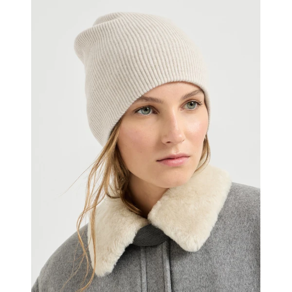 Brunello Cucinelli Cashmere rib knit beanie in Oyster, view 3 | Hats | Luxury Shoes 