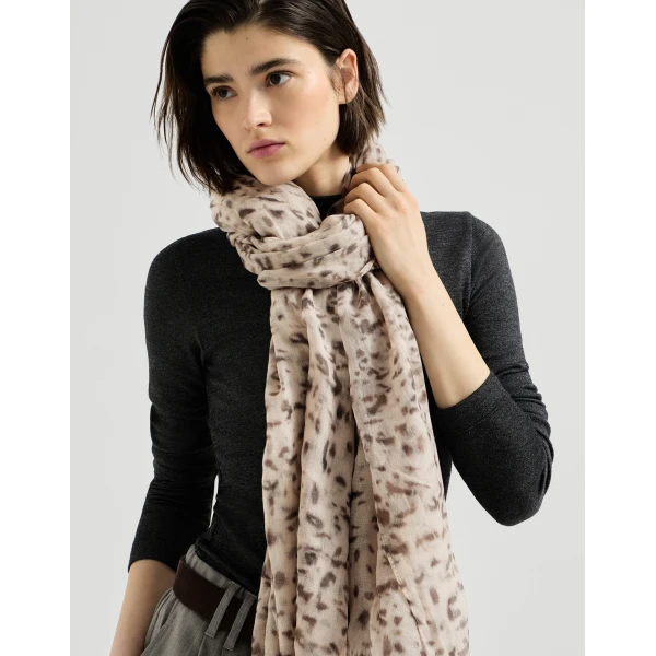 Brunello Cucinelli Cashmere scarf Lynx Print in Beige, view 4 | Scarves | Luxury Shoes 