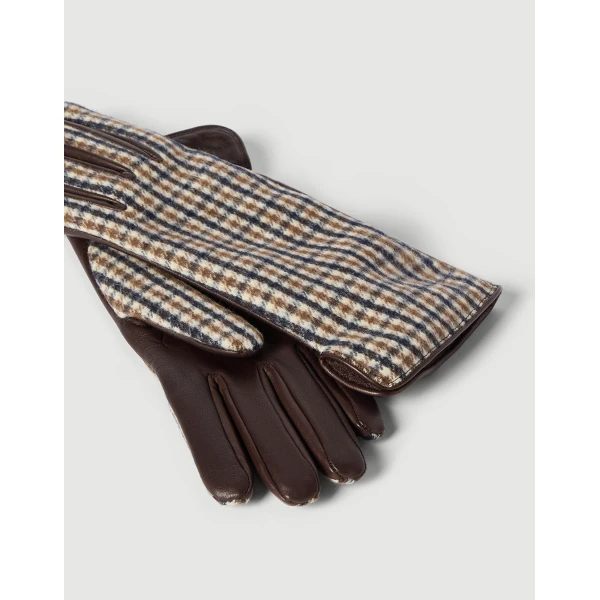 Brunello Cucinelli Checked flannel and leather gloves in Brown, view 2 | Gloves | Luxury Shoes 