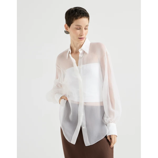 Brunello Cucinelli Crispy silk shirt with monili in White